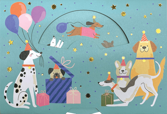 Pictura Celebrating Pups Birthday Card with spinning wheel design, colorful dog illustration, and festive theme for special occasions.