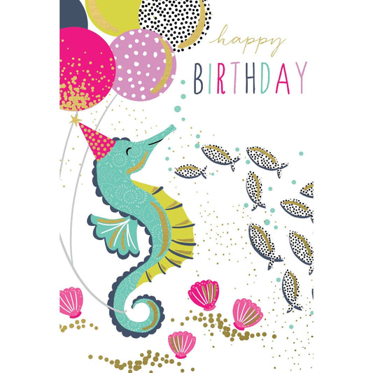 Seahorse birthday card featuring colorful seahorse illustration by Sara Miller, part of Pictura's everyday card collection.
