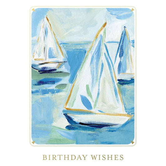 Three colorful sailboats illustrated on a Pictura birthday card from the trio of sailboats everyday cards collection.
