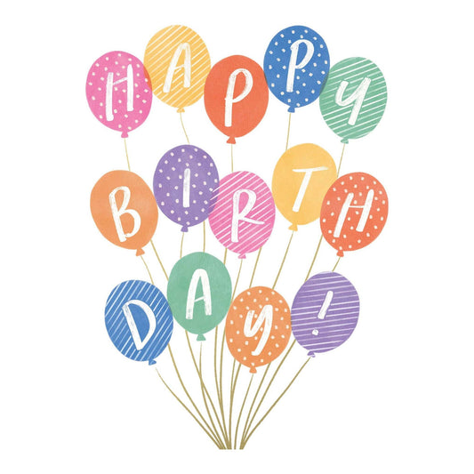Colorful Happy Birthday Balloons greeting card by Pictura featuring vibrant balloon illustrations on a cheerful design.