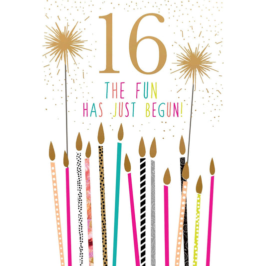 Sara Miller 16 Candles birthday card from Pictura, featuring colorful floral and candle illustrations, perfect for celebrating.