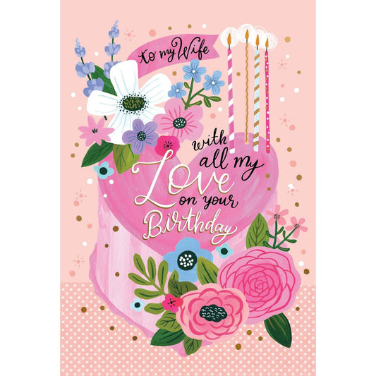 Pictura With Love Cake Birthday Card for wife, featuring colorful cake illustration and heartfelt message for special occasions.