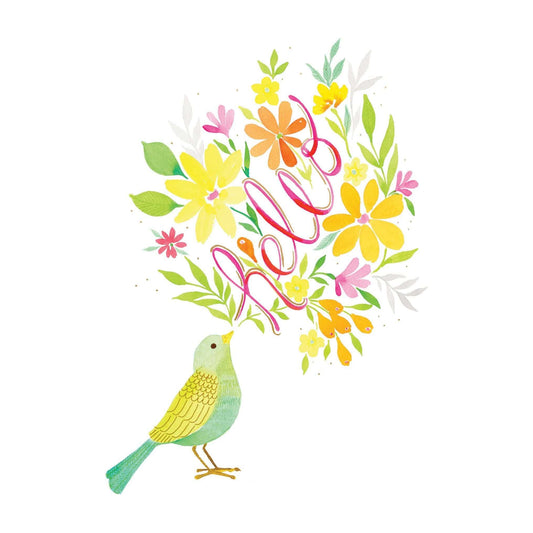 Hello Bird note card from Pictura, an everyday greeting card featuring a colorful bird illustration on white cardstock.