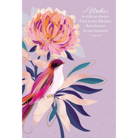 Pictura sympathy card featuring a bird perched on a flower, conveying condolences for the loss of a mother.