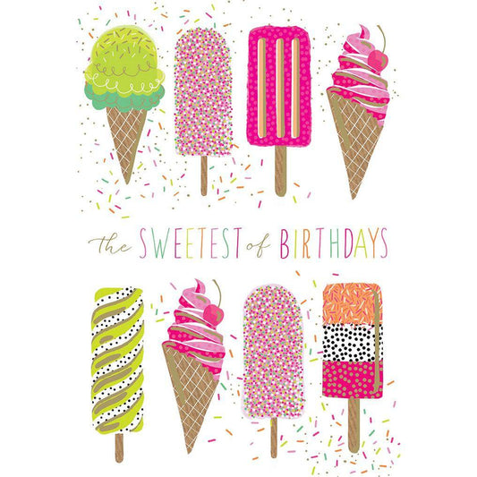 Sara Miller Ice Cream Rows birthday card from Pictura featuring colorful ice cream illustrations on an everyday greeting card.