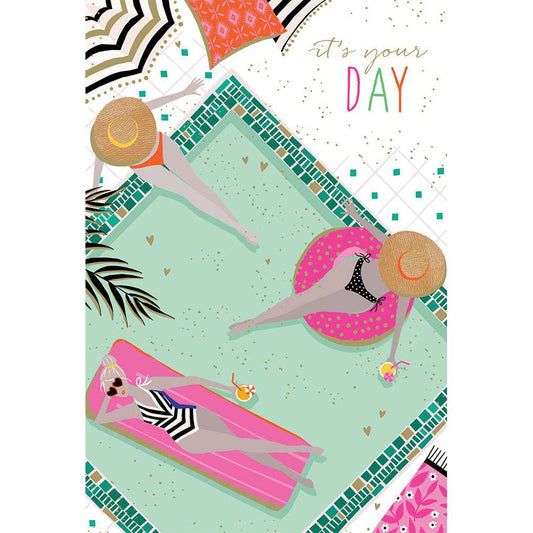 Aerial view of a luxurious swimming pool on a birthday card by Sara Miller for Pictura, featuring vibrant colors and intricate design.
