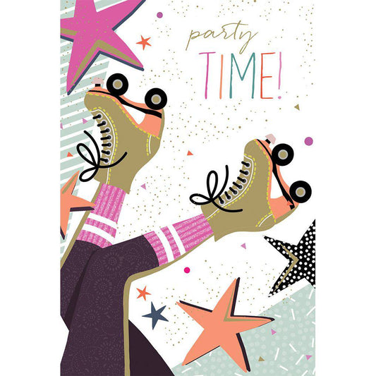 Colorful roller-skates birthday card by Sara Miller for Pictura, featuring vibrant illustrations and playful design.