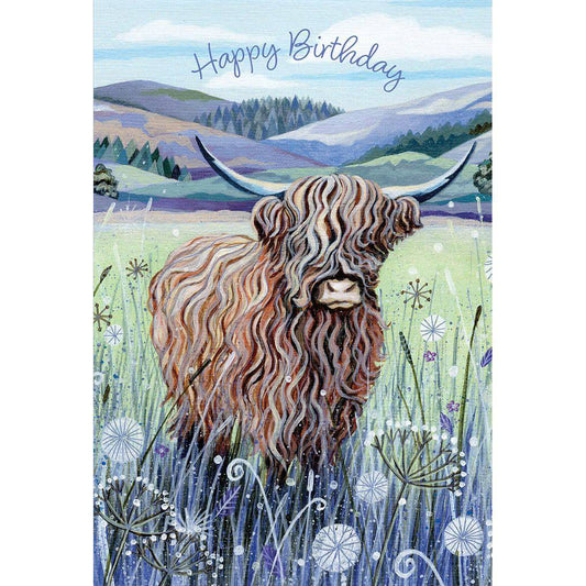 Highland Cow birthday card featuring a cute illustrated Highland cow for everyday greeting by Pictura.