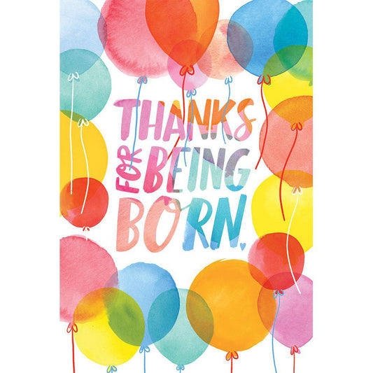 Colorful "Thanks for Being Born" balloons birthday card by Pictura, featuring cheerful balloon illustrations and celebratory design.