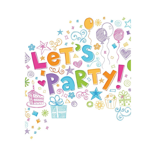 Colorful Let's Party Doodles Birthday Card by Pictura featuring cheerful doodle designs on a vibrant greeting card.