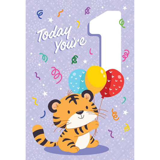 Colorful 1st Tiger birthday card from Pictura featuring a playful tiger illustration on a cheerful background.