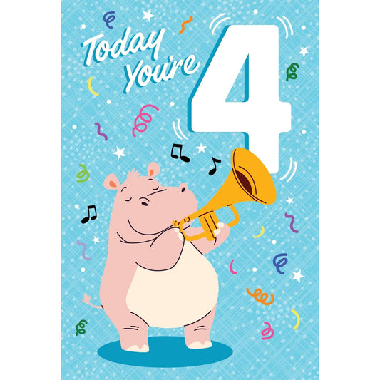Pictura 4th Hippo birthday card from the Everyday Cards collection, featuring a colorful hippo illustration for celebrating a fourth birthday.