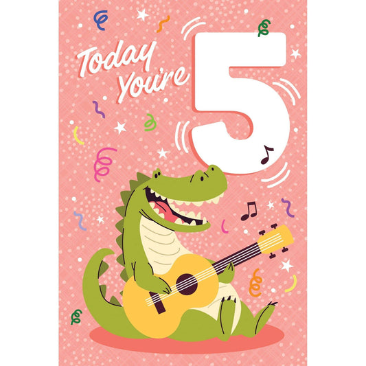 Pictura 5th Crocodile birthday card featuring a colorful crocodile illustration on an everyday greeting card.
