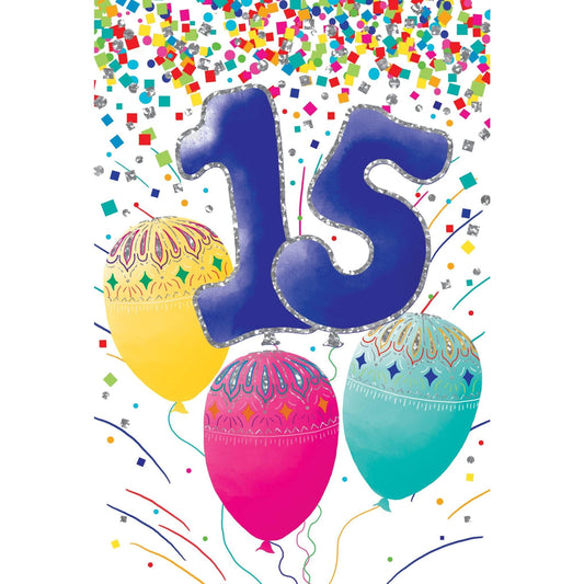 Colorful 15th balloons birthday card by Pictura featuring vibrant balloon illustrations on a festive greeting card.
