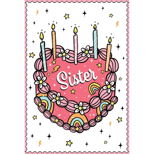 Vintage Heart Cake birthday card for sister by Pictura, featuring a charming illustrated heart and cake design for special occasions.