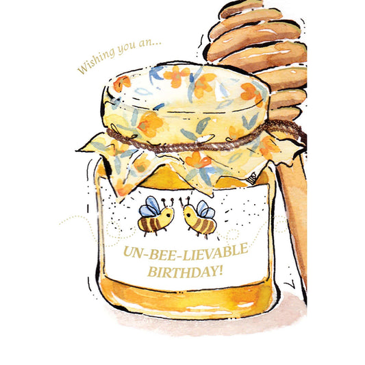 Pictura honey jar birthday card featuring a cute illustrated honey jar with a birthday message on a white background