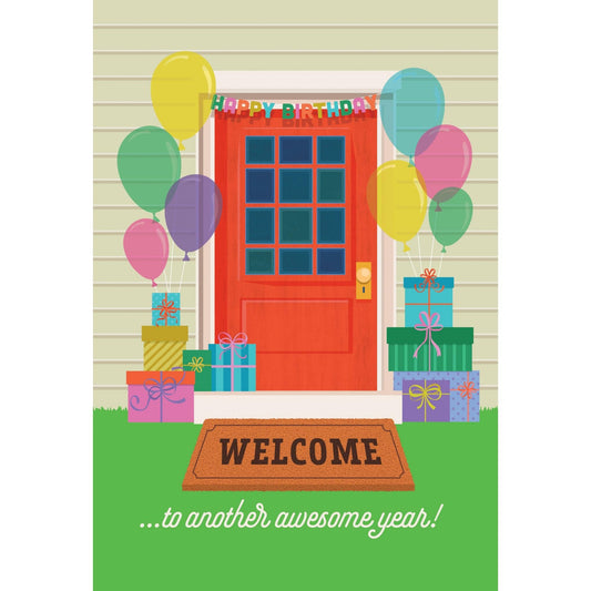 Pictura Welcome Mat Birthday Card featuring a cheerful design suitable for everyday greeting cards.