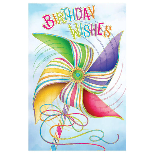 Colorful pinwheel birthday card from Pictura featuring vibrant illustrations, perfect for celebrating special occasions.