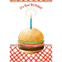 Colorful burger-themed birthday card from Pictura, featuring playful graphics for celebrating birthdays.