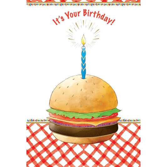 Colorful burger-themed birthday card from Pictura, featuring playful graphics for celebrating birthdays.