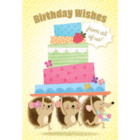 Colorful hedgehogs birthday card from Pictura, featuring cute illustrated animals on a cheerful greeting card for special occasions.