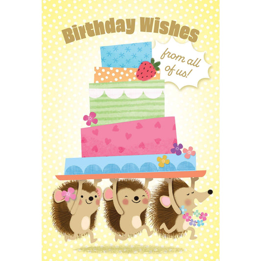 Colorful hedgehogs birthday card from Pictura, featuring cute illustrated animals on a cheerful greeting card for special occasions.