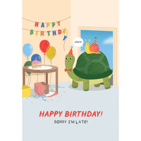 Pictura belated birthday card featuring a cute illustration of a tortoise and a snail, perfect for sending late birthday wishes.