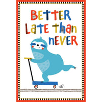 Cute sloth scooter belated birthday card from Pictura, featuring a sloth riding a scooter with colorful birthday elements.