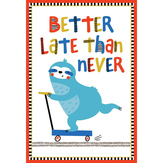Cute sloth scooter belated birthday card from Pictura, featuring a sloth riding a scooter with colorful birthday elements.