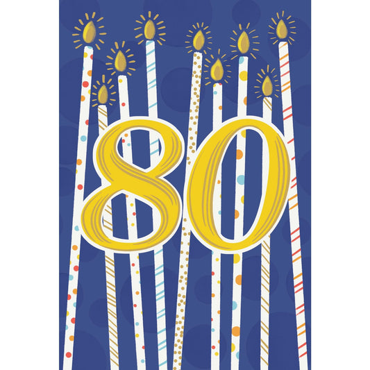 Pictura 80th birthday candles greeting card featuring colorful candle illustrations on a white background.