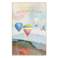Pictura hot air balloons birthday card for father-in-law featuring colorful balloon illustrations on a festive background.