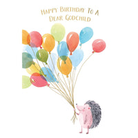 Pictura Tiny Hedgehog Birthday Card for Godchild featuring a cute illustrated hedgehog on a cheerful greeting card.