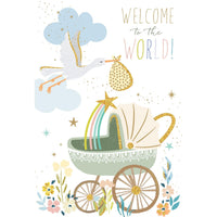 Pictura Stork and Stroller Baby Card from the Everyday Cards collection, featuring a colorful illustration of a stork carrying a baby bundle.