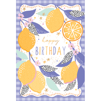 Citrus birthday card featuring colorful fruit illustrations from Sara Miller's Cardmore everyday cards collection.