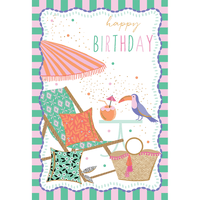Beach chair and toucan birthday card from Sara Miller, featuring colorful tropical design, perfect for sending cheerful greetings.