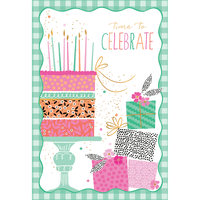 Sara Miller birthday card featuring a cake on stand and presents, perfect for celebrating with stylish, colorful designs.