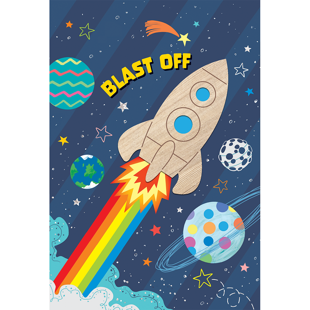 Rocket Ship Birthday Card Wood Element