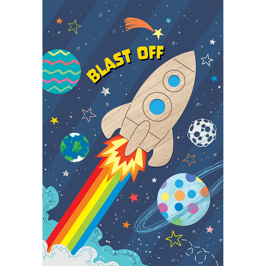 Pictura rocket ship birthday card made of wood with colorful rocket design, perfect for children's birthday celebrations.