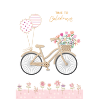 Pictura birthday card featuring a bicycle with colorful balloons and wooden elements, perfect for celebrating special occasions.