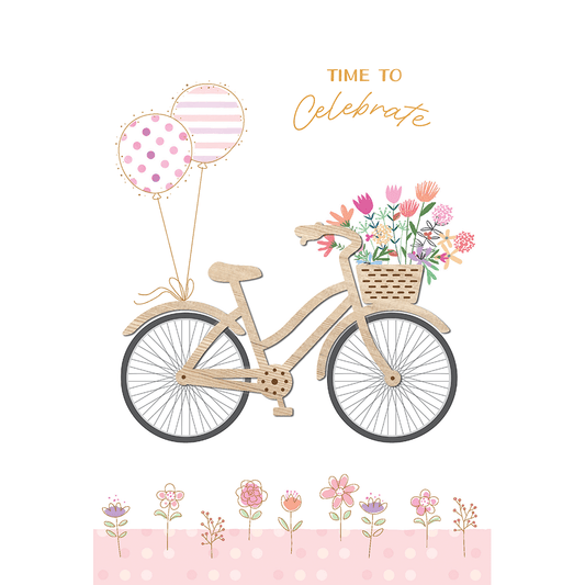 Pictura birthday card featuring a bicycle with colorful balloons and wooden elements, perfect for celebrating special occasions.