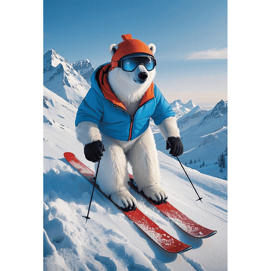 Pictura skiing polar bear birthday card with lenticular design, featuring a playful polar bear in a winter skiing scene.