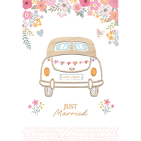 Wooden Volkswagen wedding card featuring a detailed car design, perfect for special wedding day greetings by Cardmore.