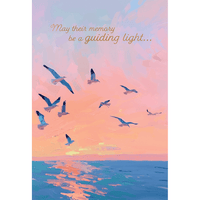 Gulls at sunset sympathy card by Cardmore featuring a serene image of seagulls flying over the ocean at dusk.