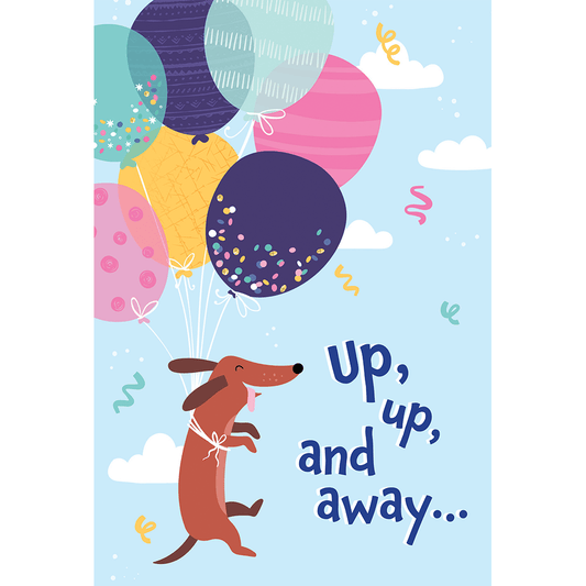 Balloon Dachshund birthday card by Cardmore featuring colorful illustrated dog with balloon for celebration or special occasion.
