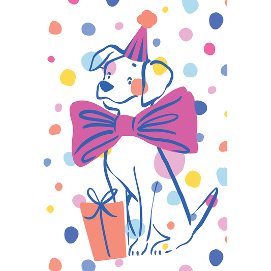 Confetti Dalmatian birthday card from Cardmore featuring a playful Dalmatian dog with colorful confetti design.