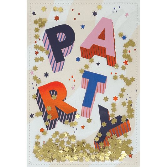 Colorful party block letters birthday card with confetti from Cardmore, featuring bold lettering and festive design for celebrations.