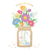 Floral jar birthday card with wood element from Cardmore, featuring colorful flower illustrations and a rustic design.
