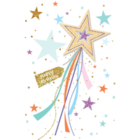 Wooden star wand birthday card from Cardmore featuring a whimsical star design, perfect for celebrating special occasions.