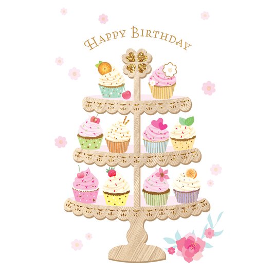 Wooden cupcake tier birthday card by Cardmore, featuring layered cupcake design perfect for celebration greetings.