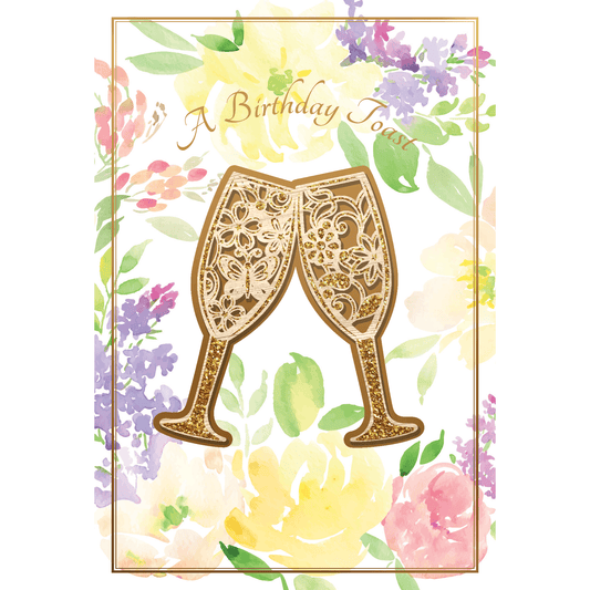 Champagne glasses birthday card with wood element design, featuring festive illustrations, from Cardmore's everyday card collection.